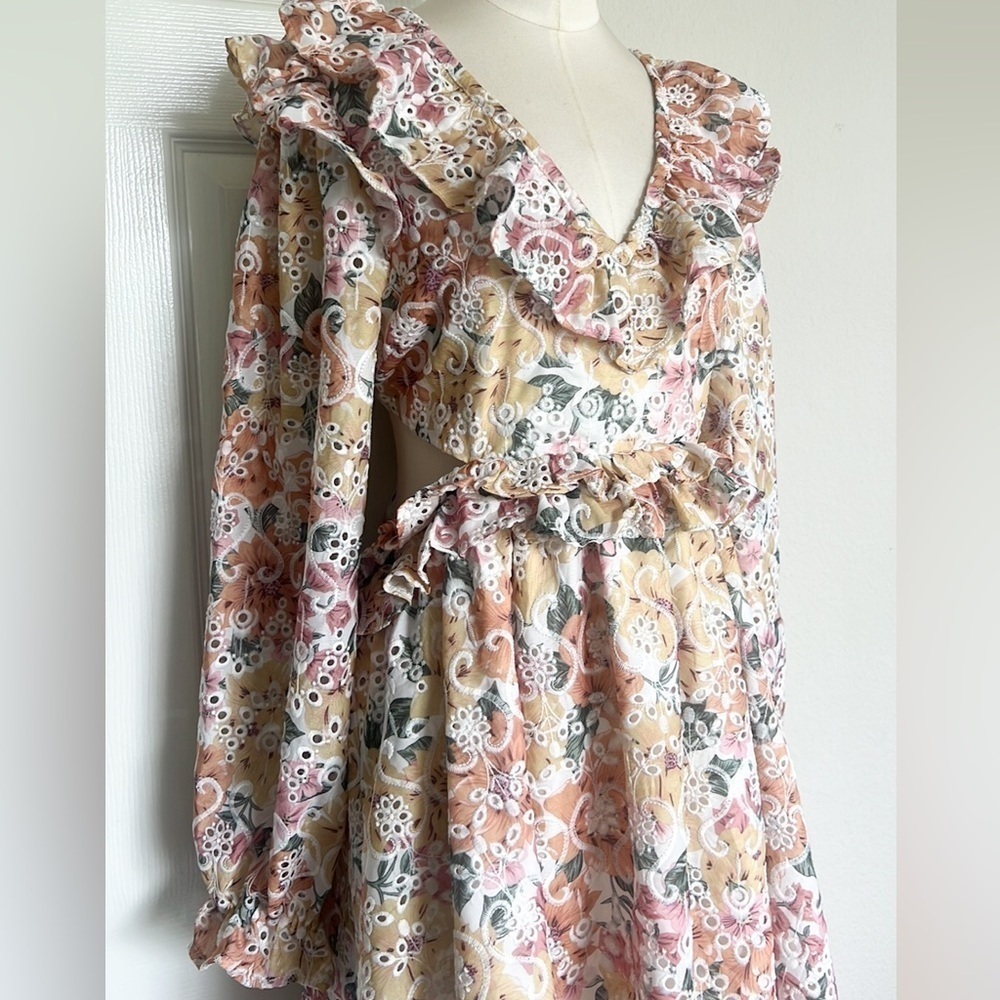EN SAISON Floral Ruffled Long Sleeve Embroidery Mini Dress - Picture 4 of 9